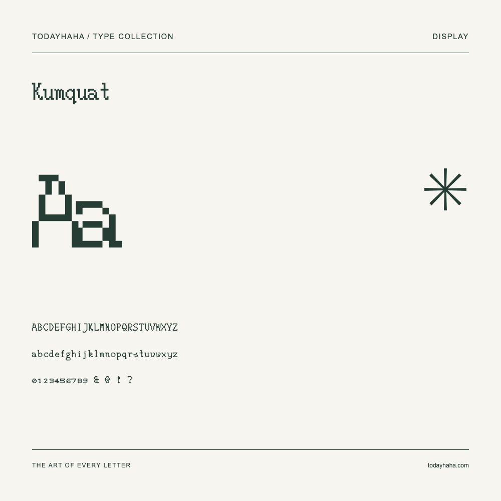 Kumquat — Font specimen with uppercase and lowercase letters and numbers