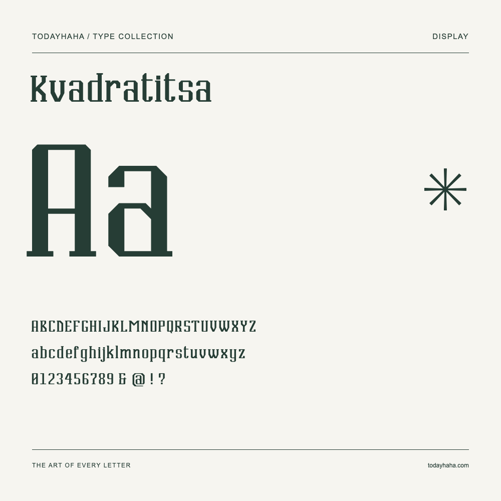 Kvadratitsa — Schriftmuster mit Großbuchstaben, Kleinbuchstaben und Ziffern