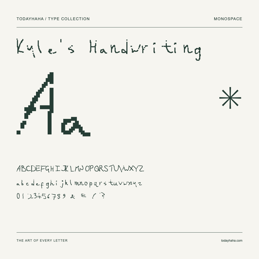 Kyle's Handwriting — Campione con lettere maiuscole, minuscole e numeri