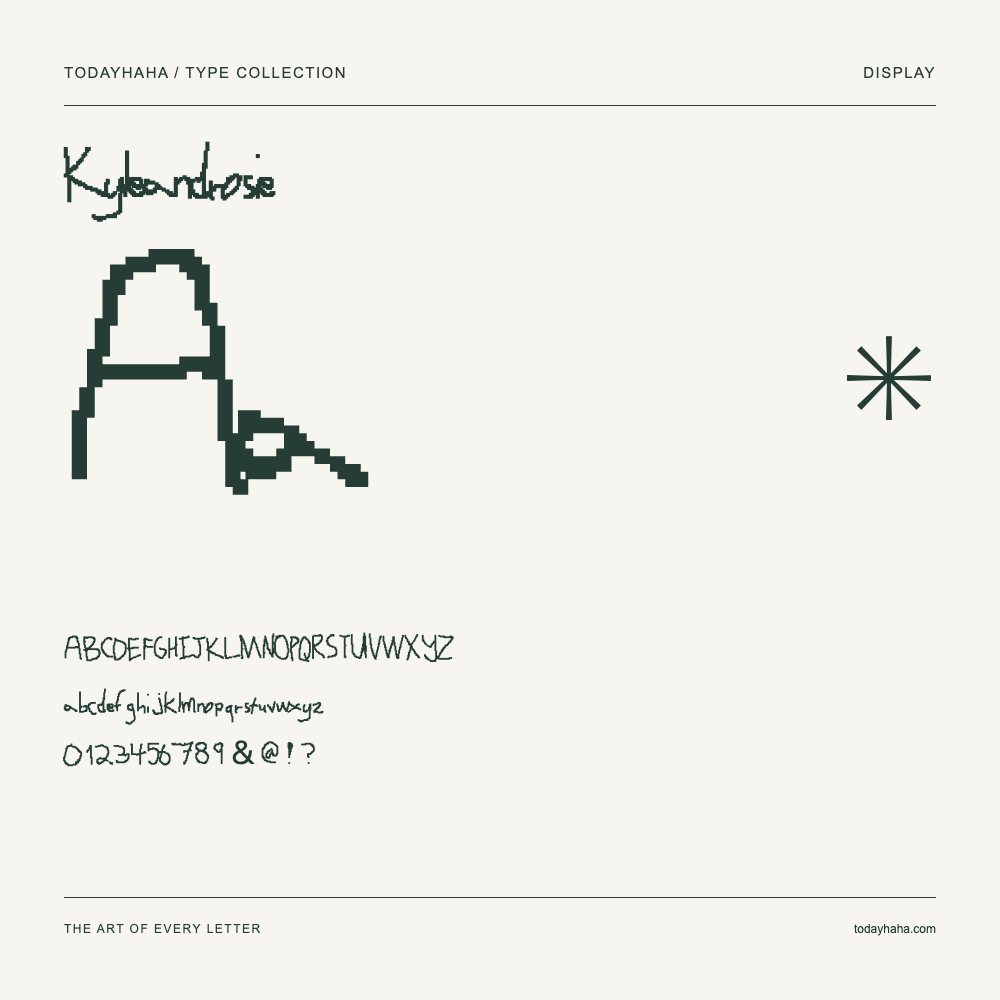 Kyleandrosie — Font specimen with uppercase and lowercase letters and numbers