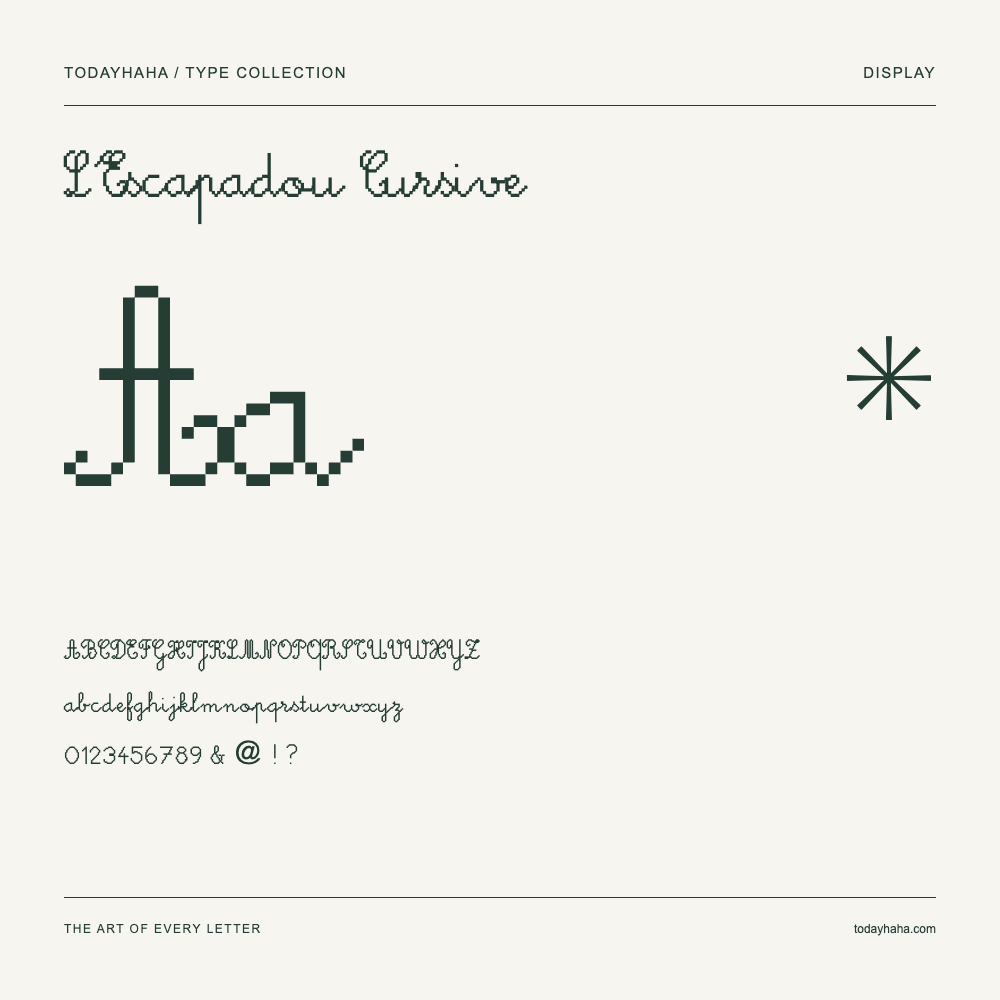 L'Escapadou Cursive — Muestra de mayúsculas, minúsculas y números