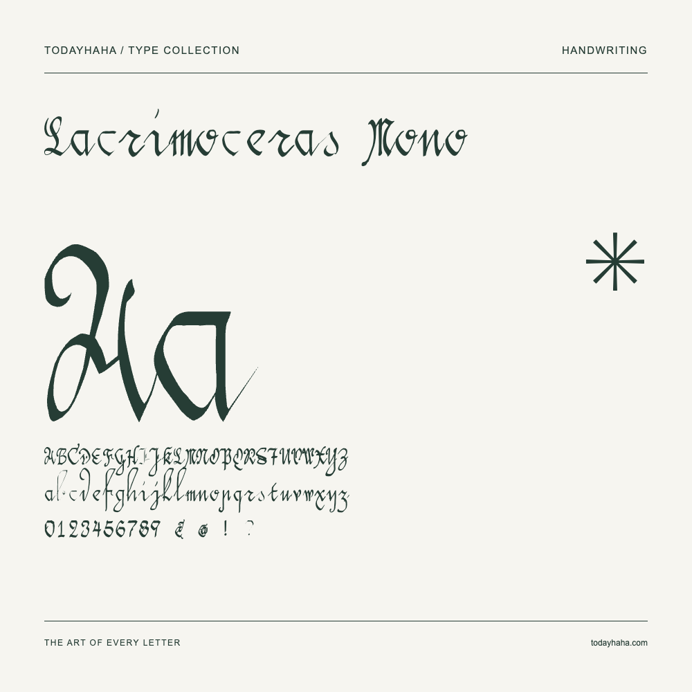 Lacrimoceras Mono — Font specimen with uppercase and lowercase letters and numbers