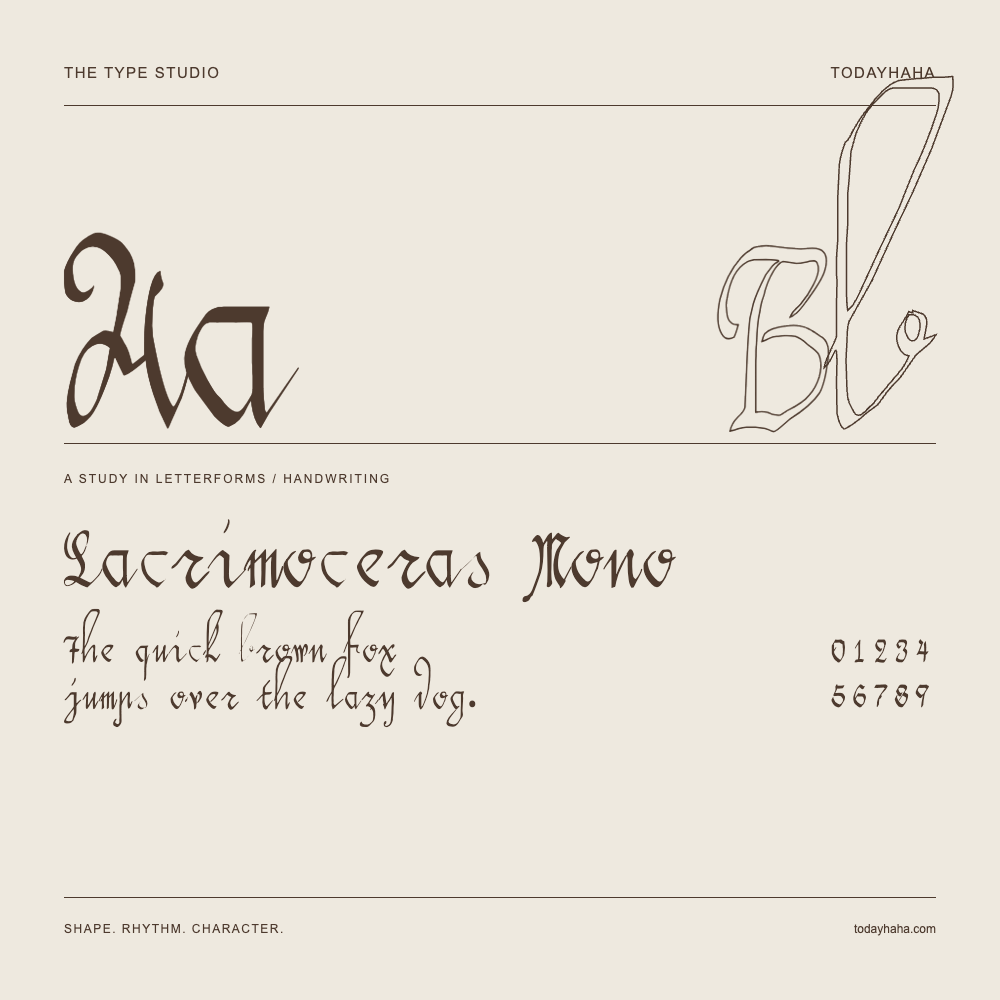 Lacrimoceras Mono — Letterform study with sample sentence and numbers