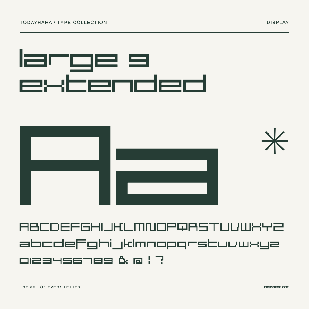large 9 extended — Schriftmuster mit Großbuchstaben, Kleinbuchstaben und Ziffern
