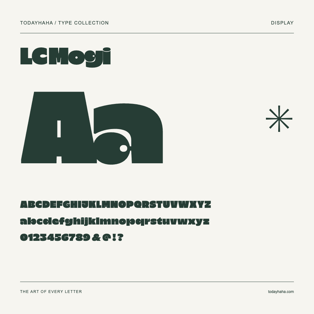 LC Mogi — Schriftmuster mit Großbuchstaben, Kleinbuchstaben und Ziffern