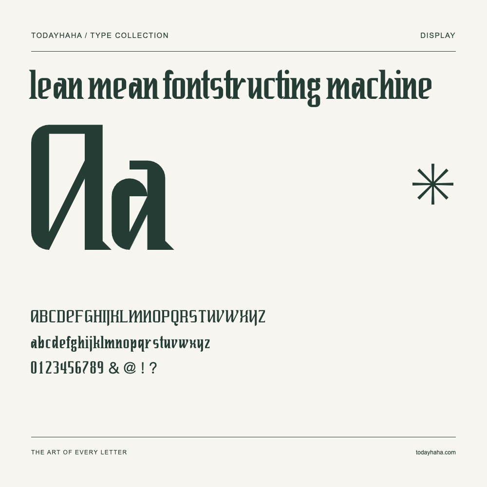 lean mean fontstructing machine — Schriftmuster mit Großbuchstaben, Kleinbuchstaben und Ziffern