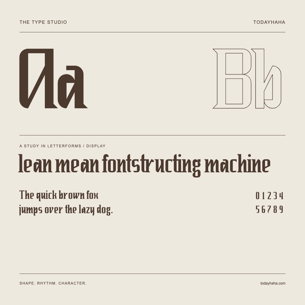 lean mean fontstructing machine — Buchstabenstudie mit Beispielsatz und Ziffern