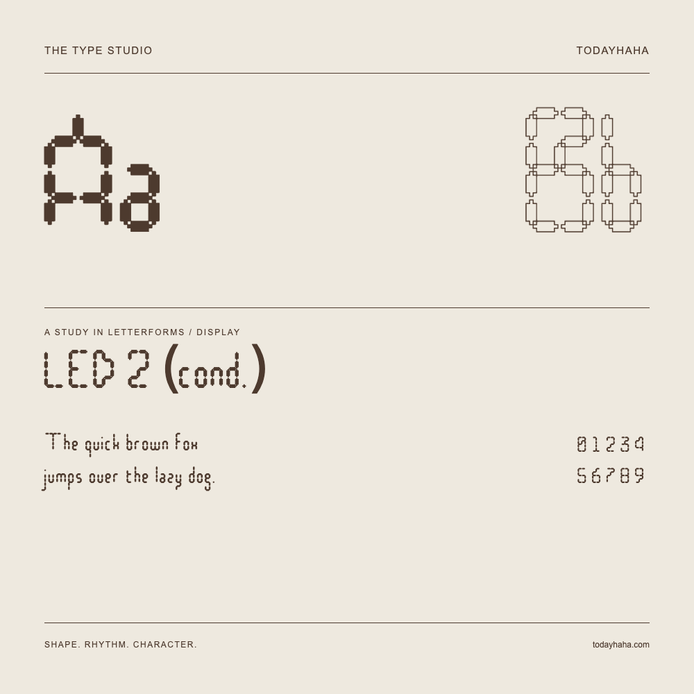 LED 2 (cond.) — Letterform study with sample sentence and numbers