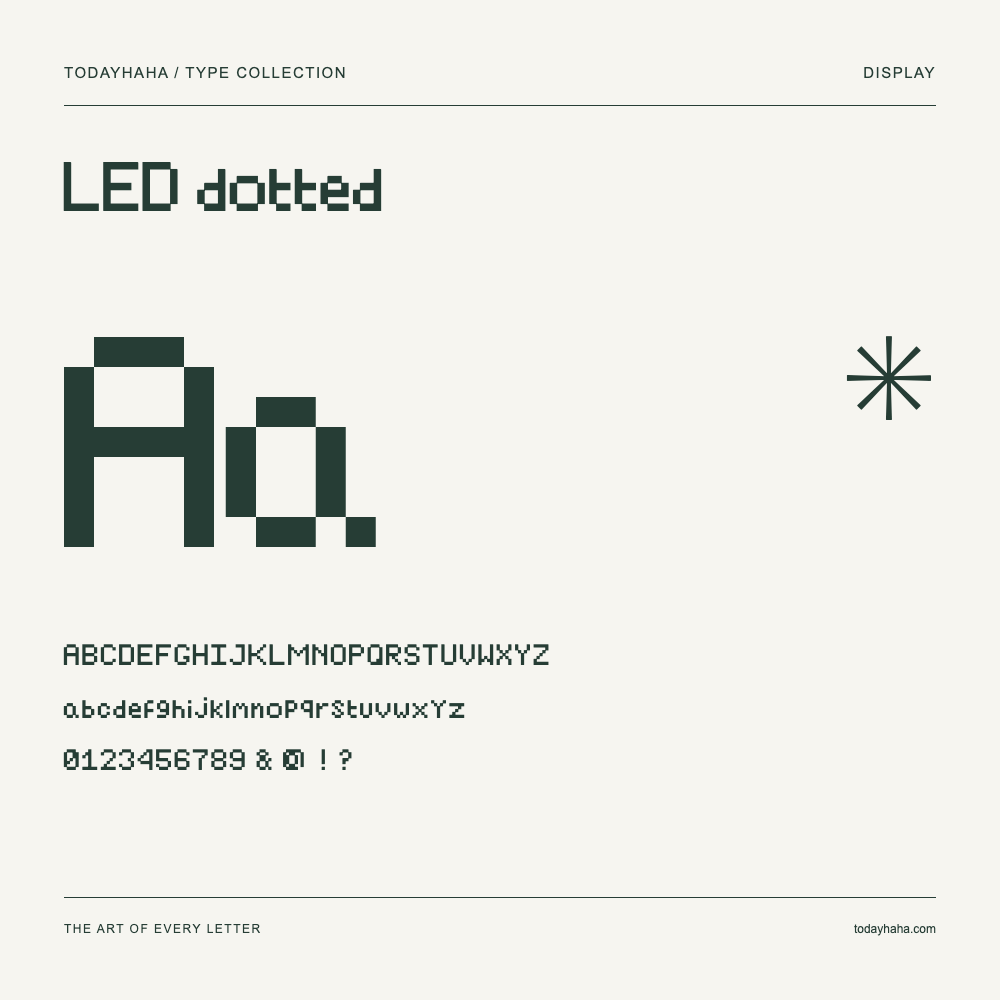 LED dotted — Font specimen with uppercase and lowercase letters and numbers