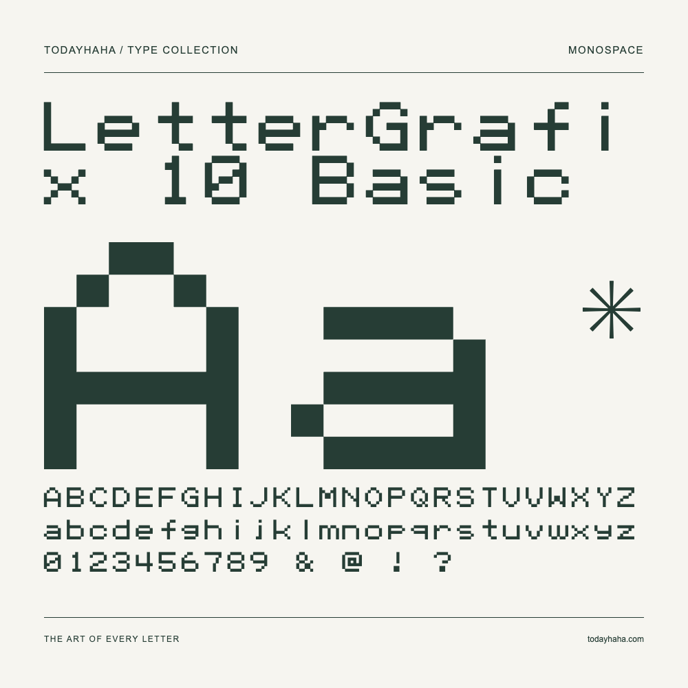 LetterGrafix 10 Basic — Font specimen with uppercase and lowercase letters and numbers