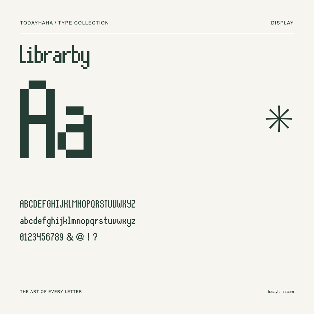Librarby — Schriftmuster mit Großbuchstaben, Kleinbuchstaben und Ziffern