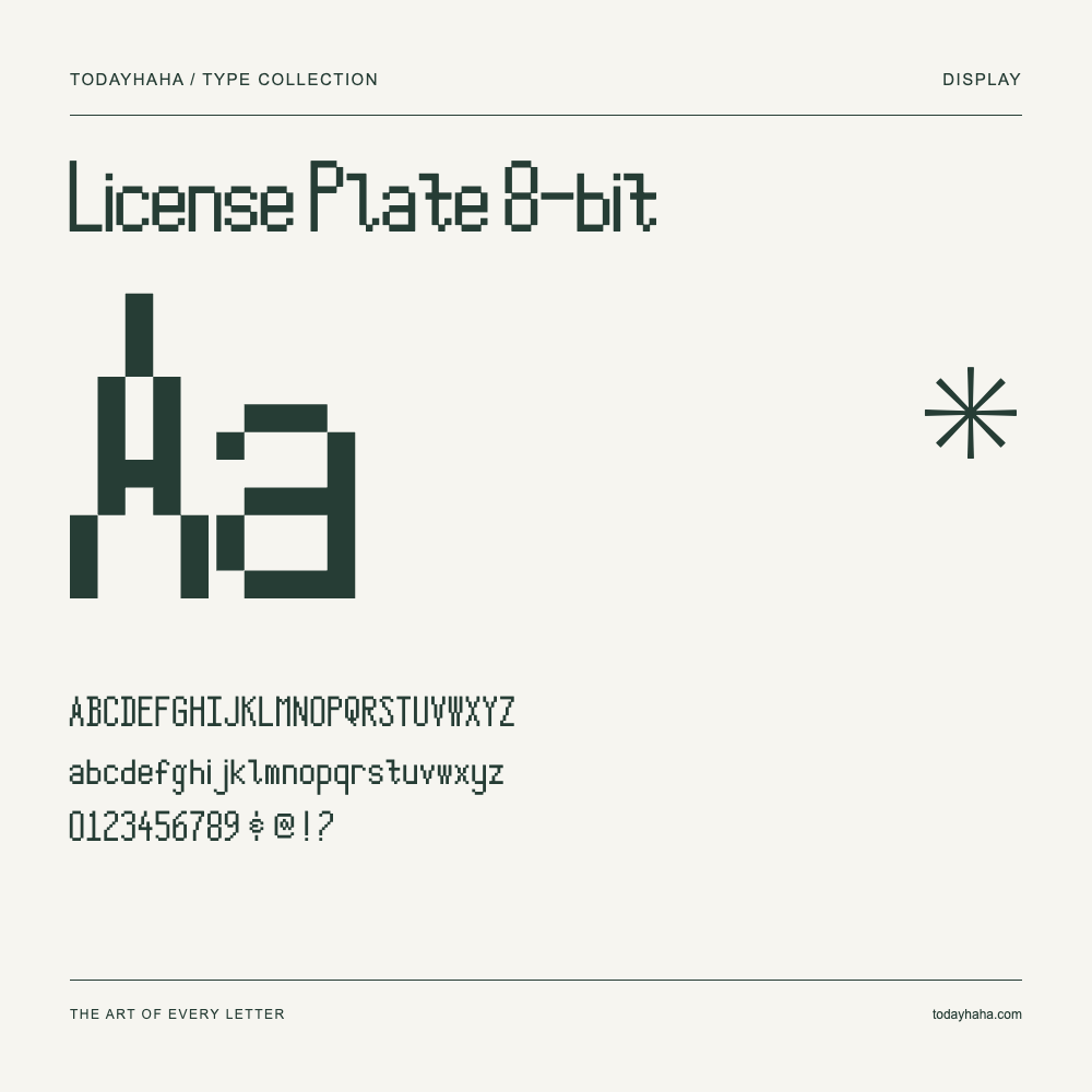 License Plate 8-bit — Schriftmuster mit Großbuchstaben, Kleinbuchstaben und Ziffern