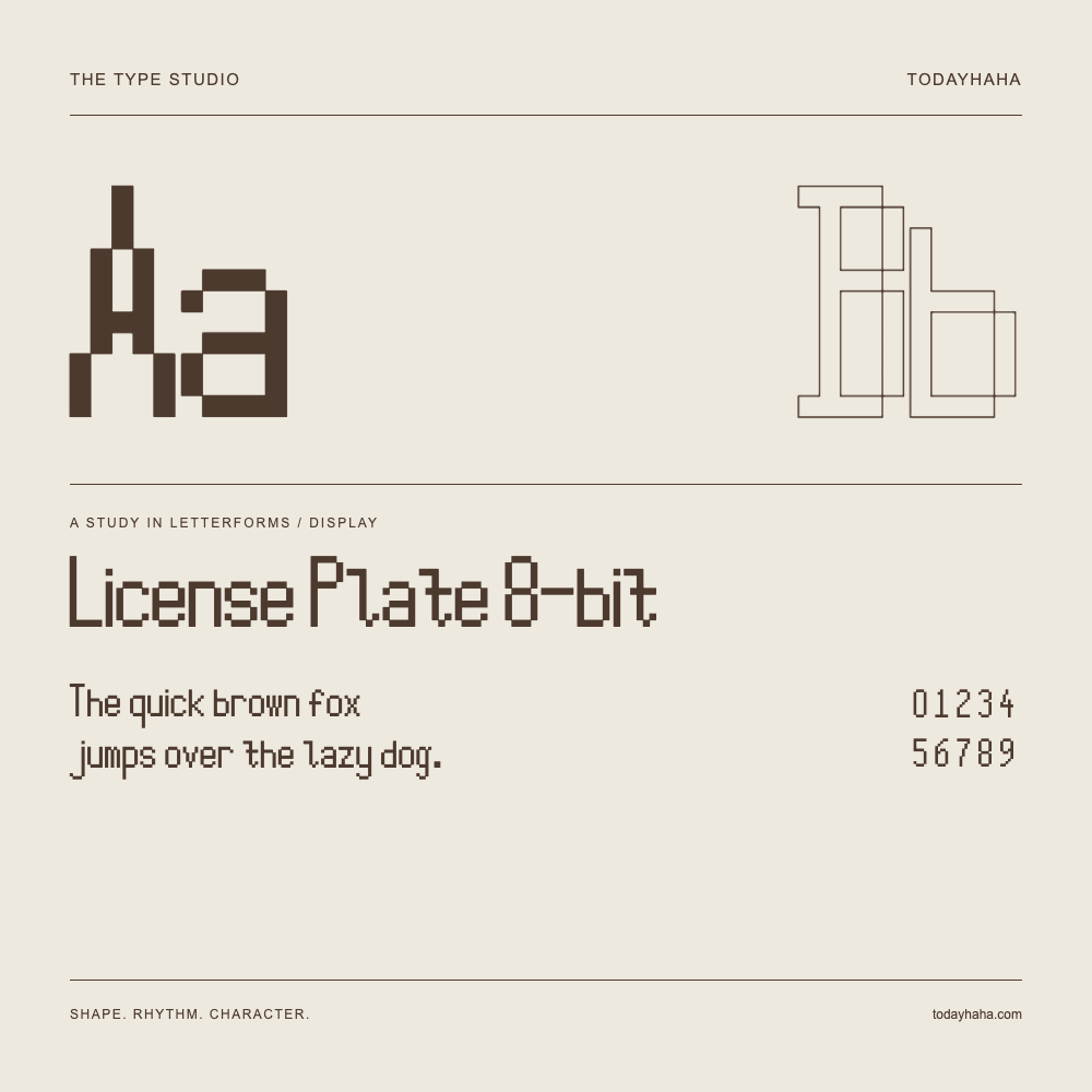 License Plate 8-bit — Buchstabenstudie mit Beispielsatz und Ziffern