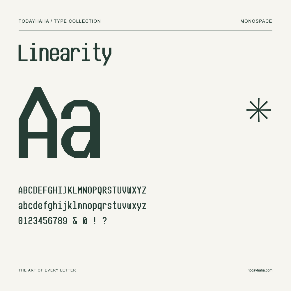 Linearity — Schriftmuster mit Großbuchstaben, Kleinbuchstaben und Ziffern