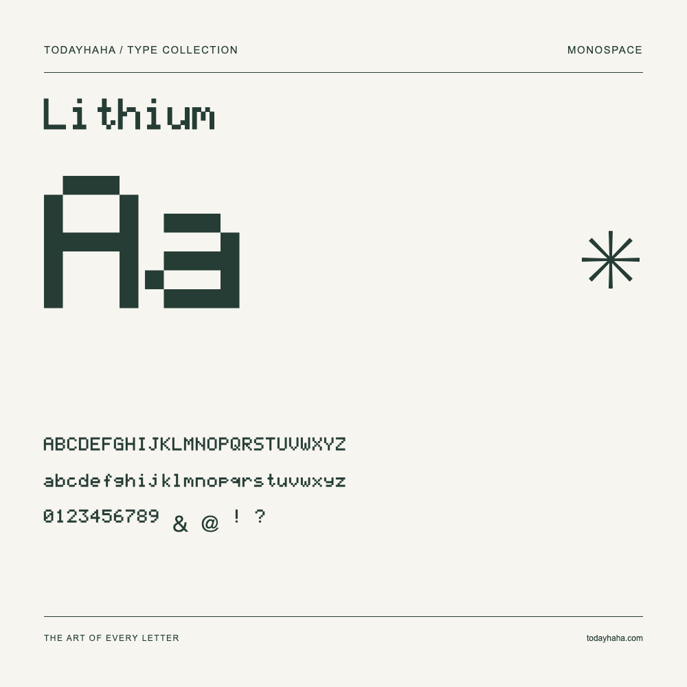 Lithium — Schriftmuster mit Großbuchstaben, Kleinbuchstaben und Ziffern