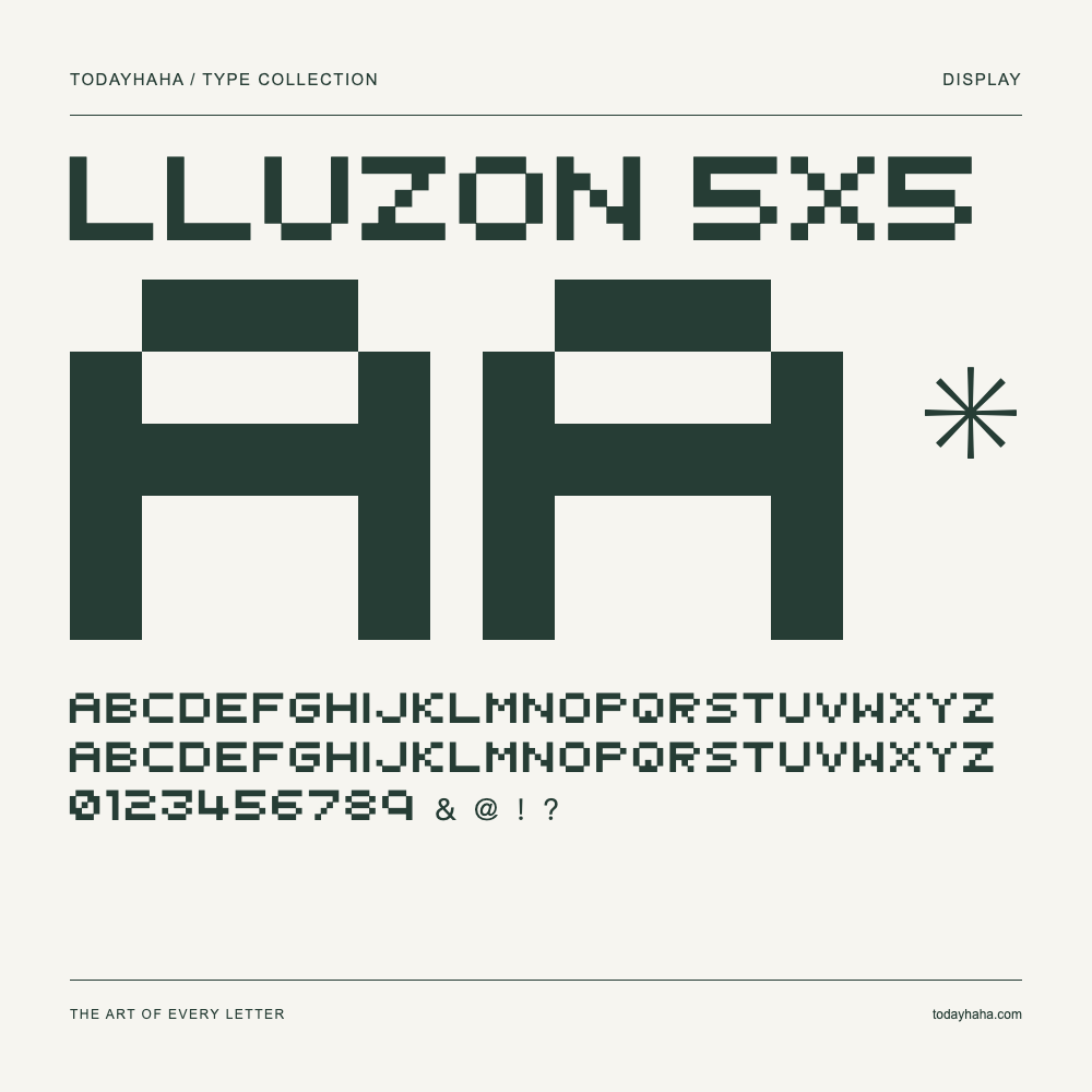 Lluzon 5x5 — Spécimen avec majuscules, minuscules et chiffres