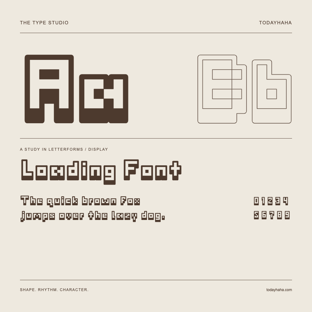 Loading Font — Letterform study with sample sentence and numbers