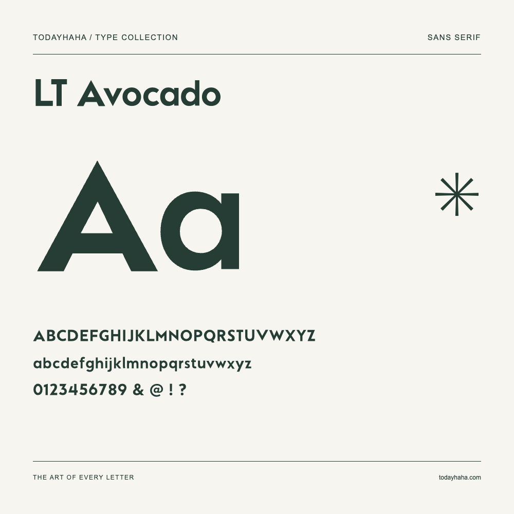 LT Avocado — Schriftmuster mit Großbuchstaben, Kleinbuchstaben und Ziffern