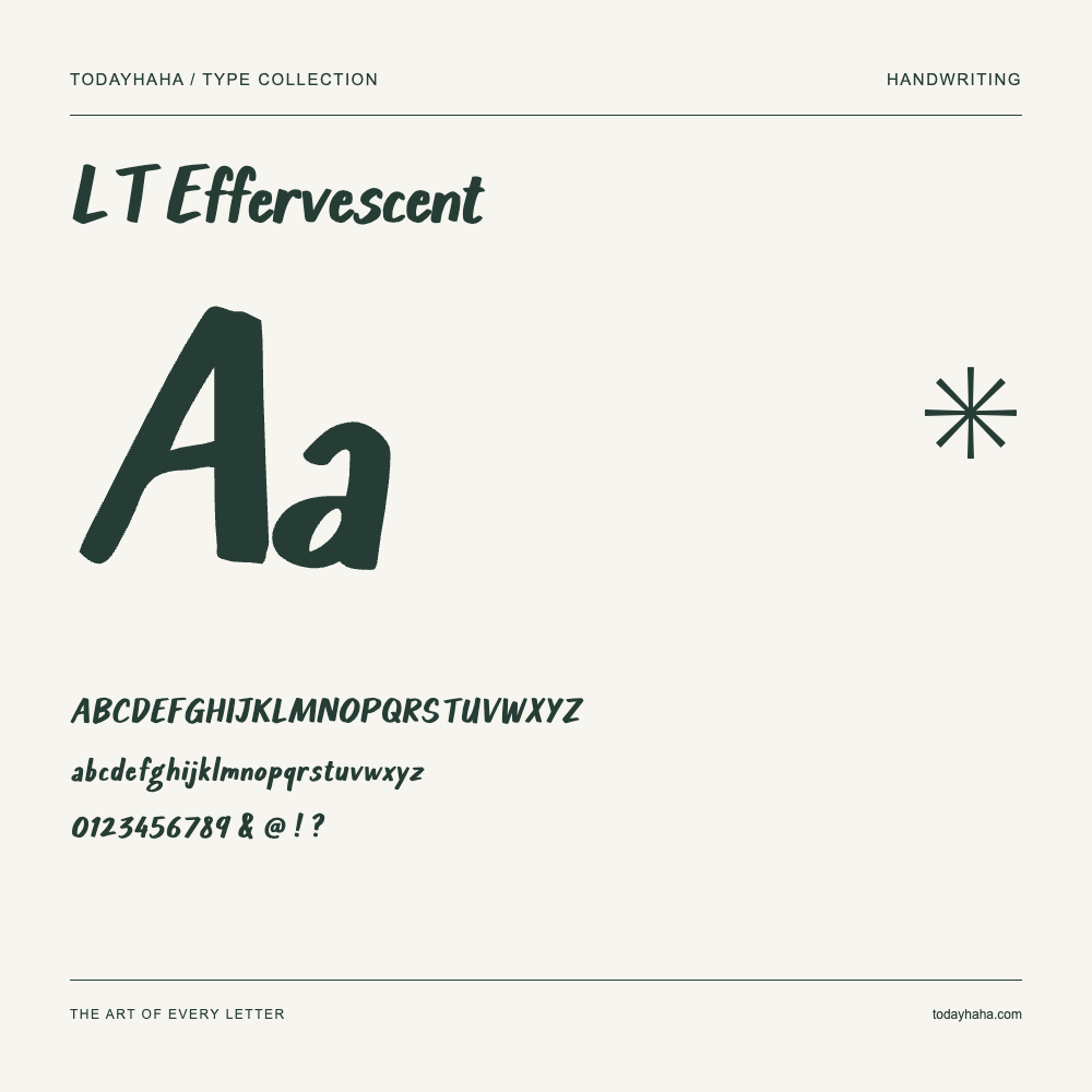 LT Effervescent — Spécimen avec majuscules, minuscules et chiffres