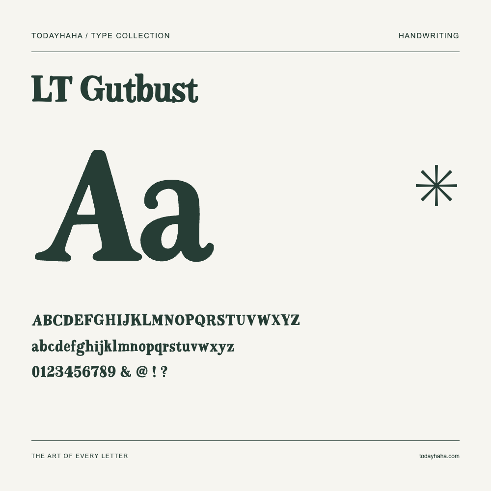 LT Gutbust — Muestra de mayúsculas, minúsculas y números