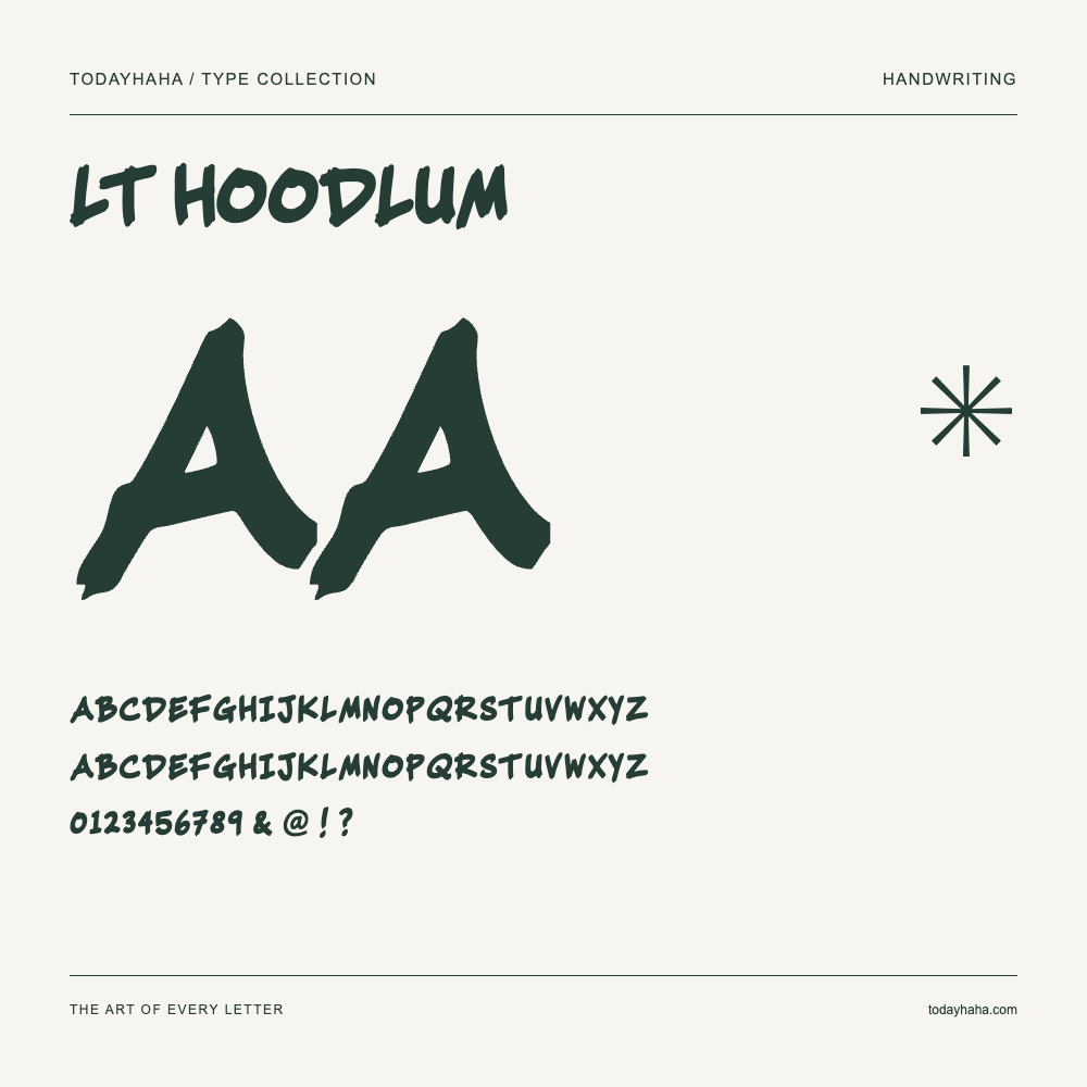 LT Hoodlum — Font specimen with uppercase and lowercase letters and numbers