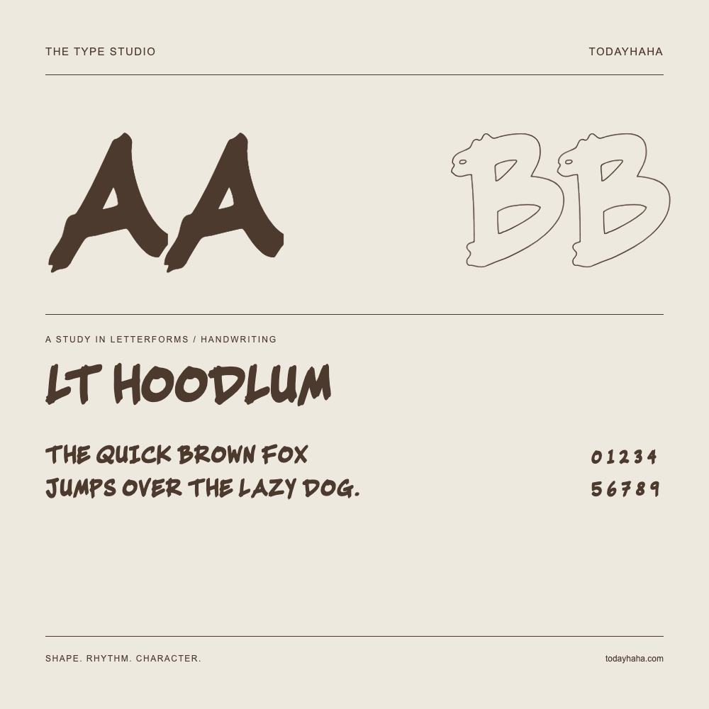 LT Hoodlum — Letterform study with sample sentence and numbers