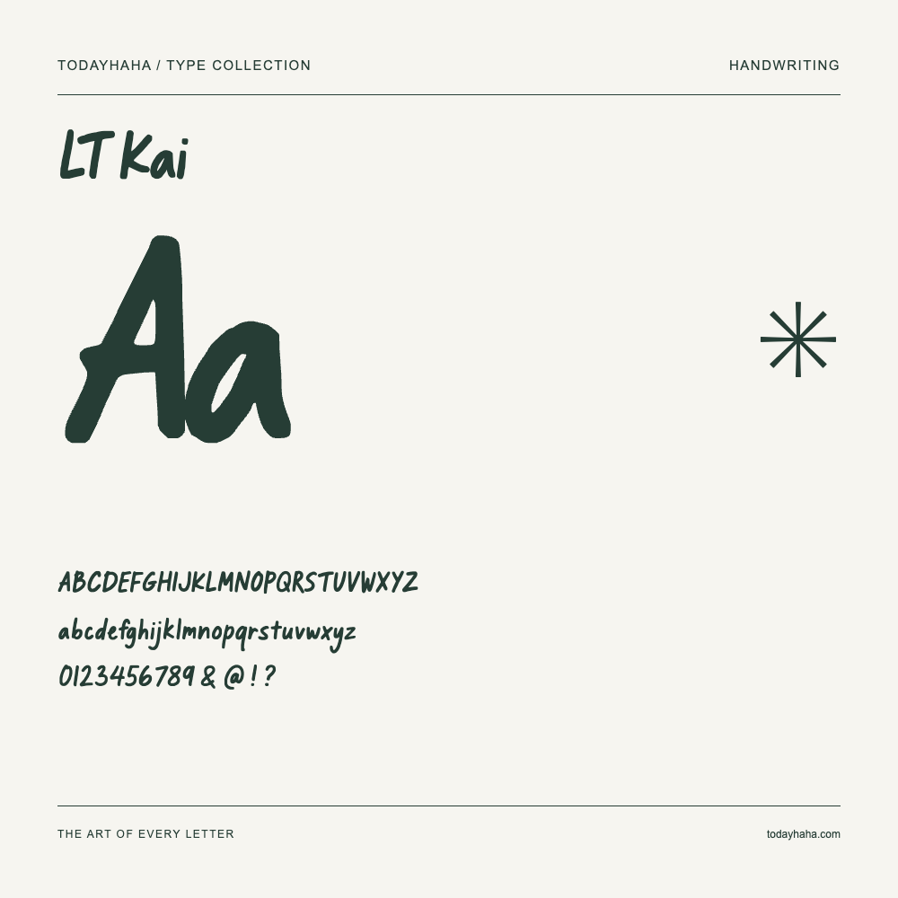 LT Kai — Font specimen with uppercase and lowercase letters and numbers