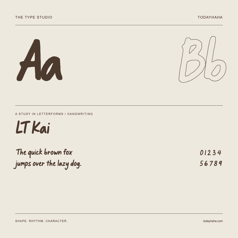 LT Kai — Letterform study with sample sentence and numbers