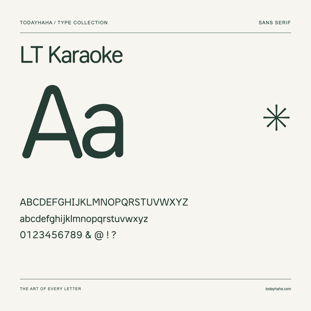 LT Karaoke — Font specimen with uppercase and lowercase letters and numbers