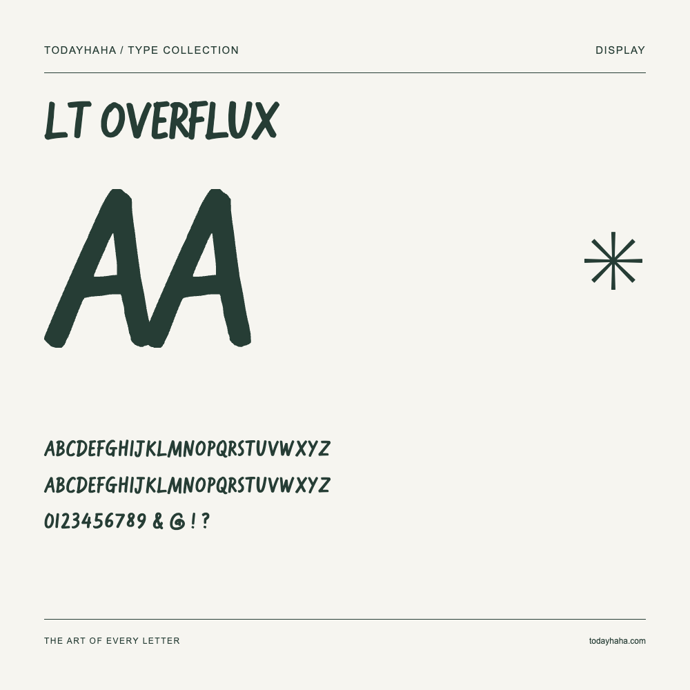LT Overflux — Spécimen avec majuscules, minuscules et chiffres