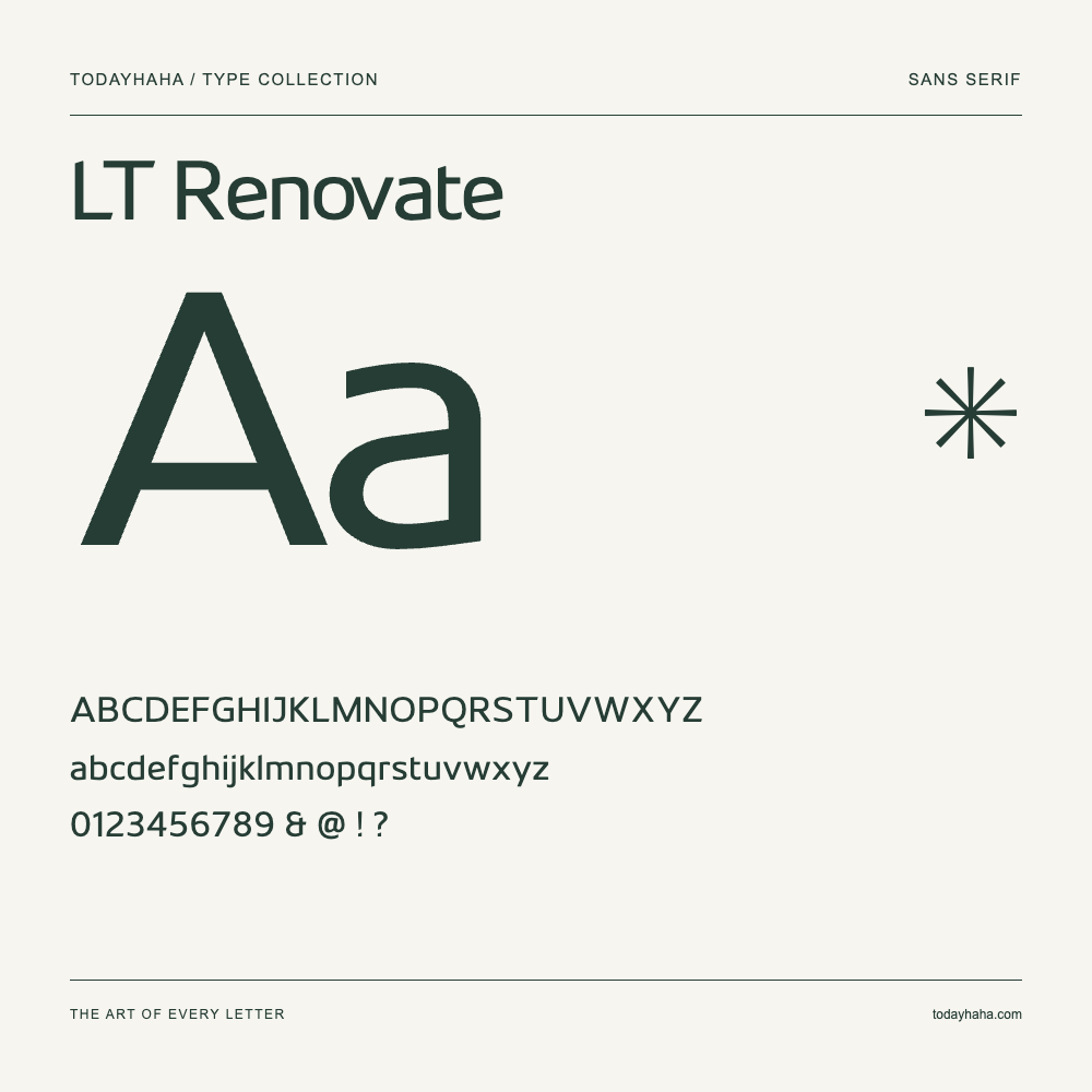 LT Renovate — Muestra de mayúsculas, minúsculas y números