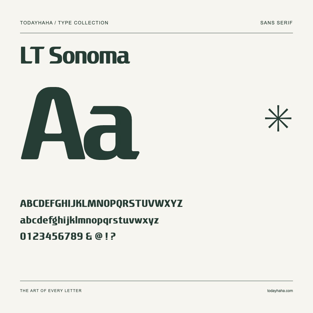 LT Sonoma — Schriftmuster mit Großbuchstaben, Kleinbuchstaben und Ziffern