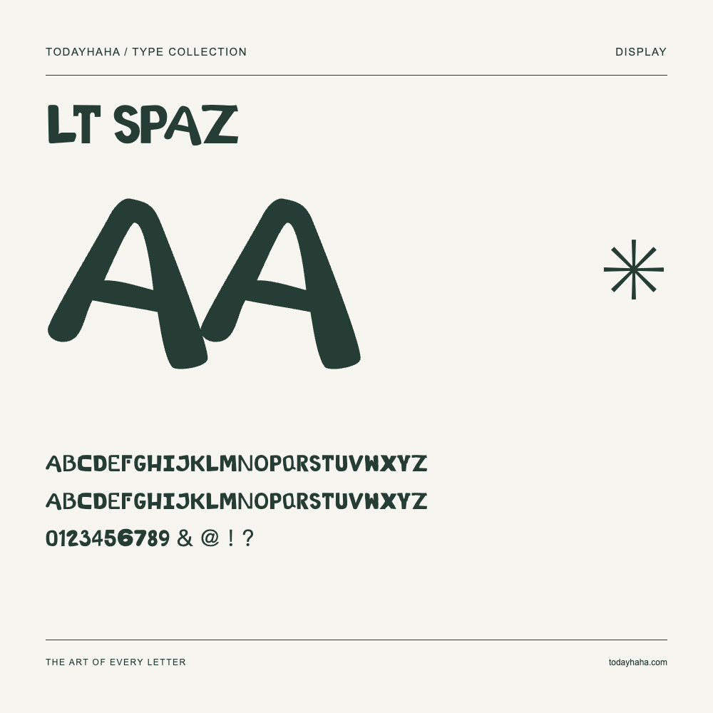 LT Spaz — Spécimen avec majuscules, minuscules et chiffres