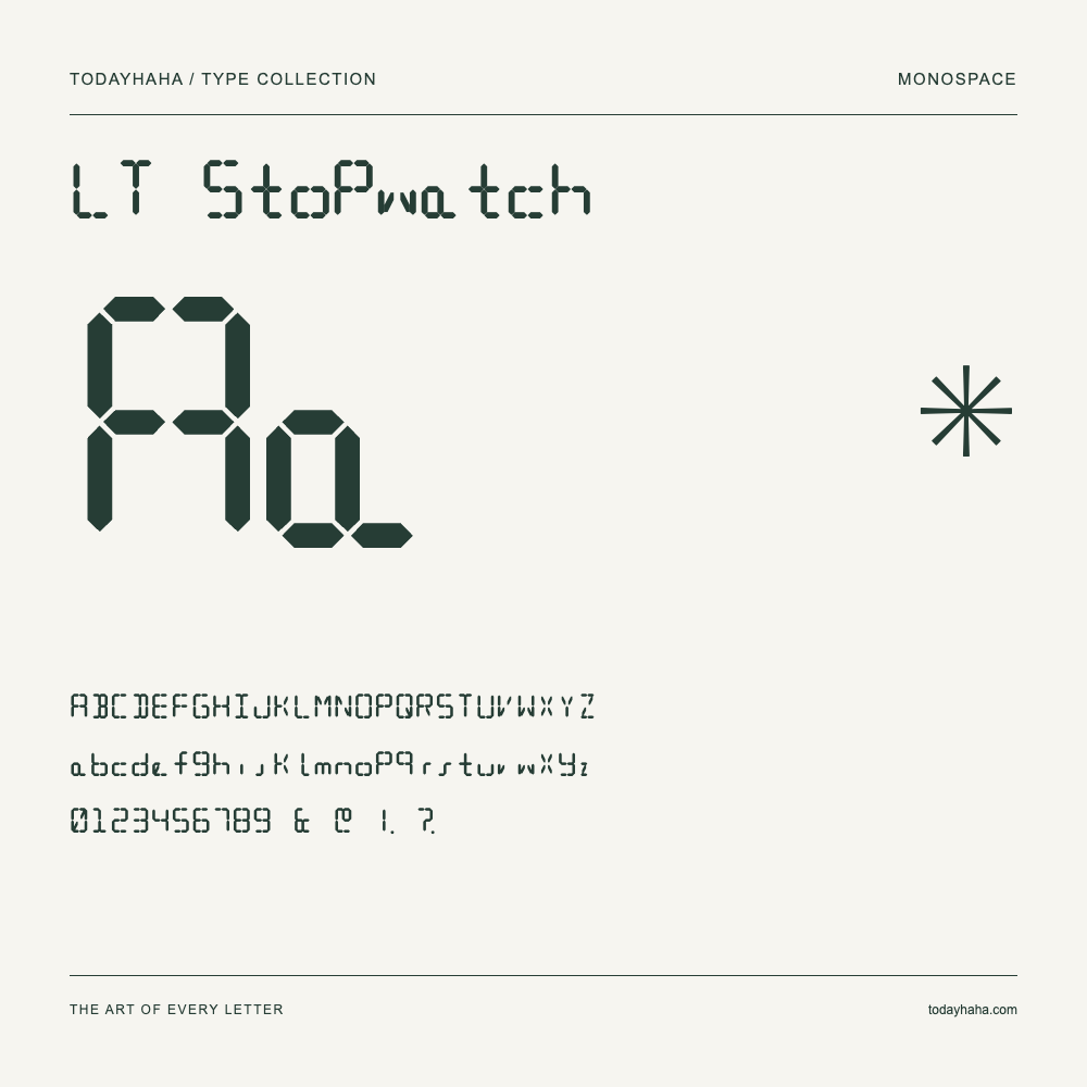 LT Stopwatch — Spécimen avec majuscules, minuscules et chiffres
