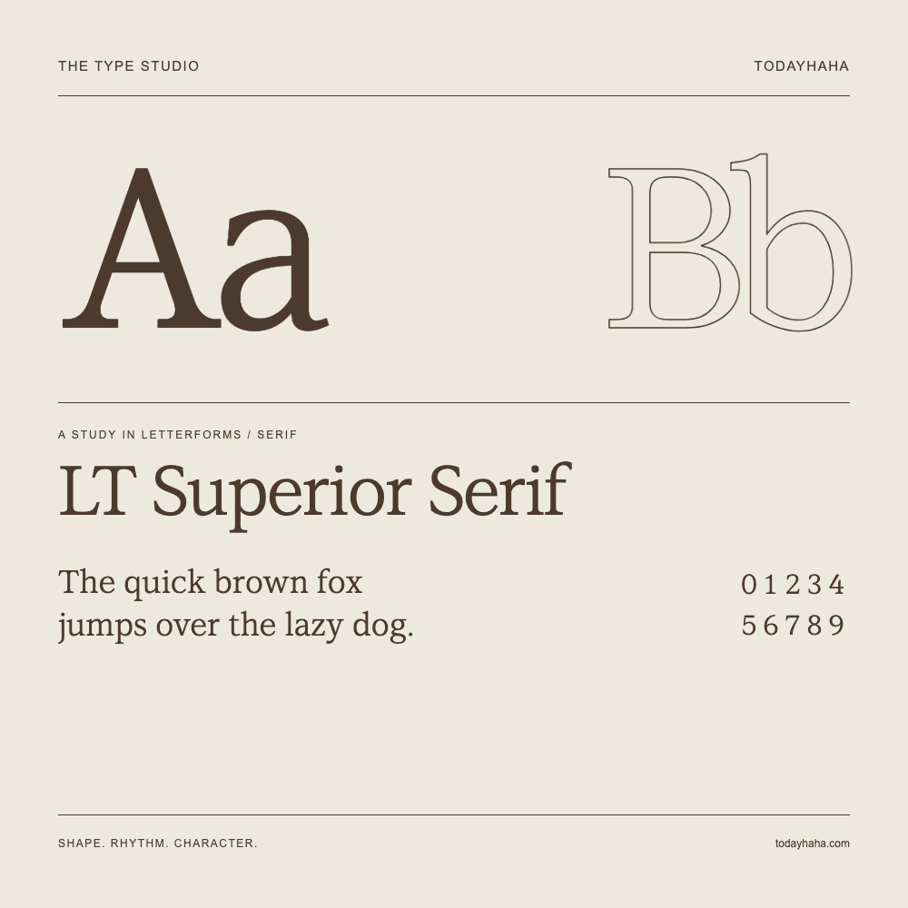 LT Superior Serif — Buchstabenstudie mit Beispielsatz und Ziffern