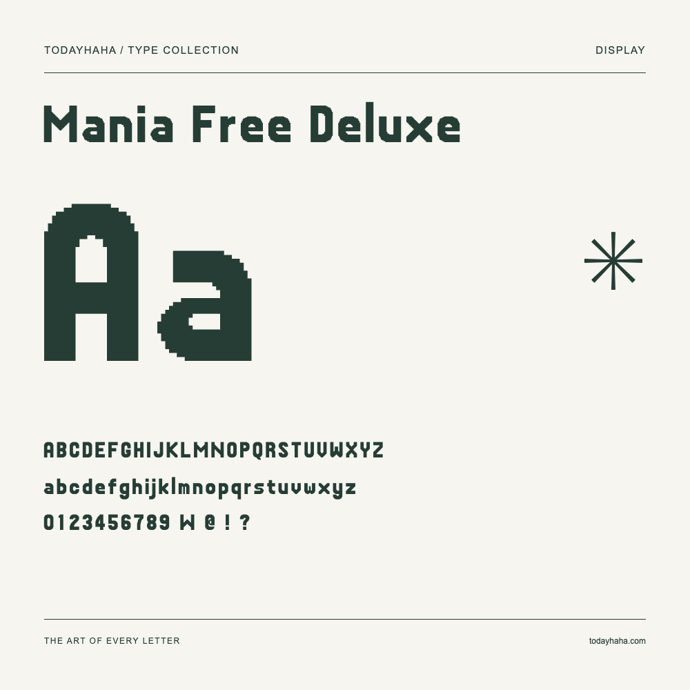 Mania Free Deluxe — Font specimen with uppercase and lowercase letters and numbers