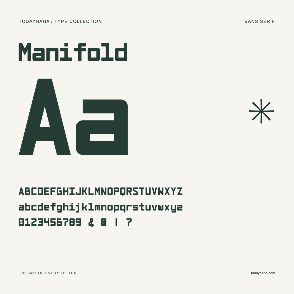Manifold — Font specimen with uppercase and lowercase letters and numbers
