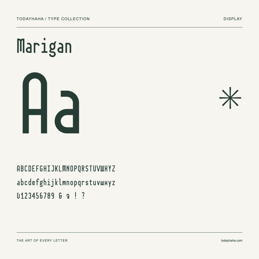 Marigan — Schriftmuster mit Großbuchstaben, Kleinbuchstaben und Ziffern