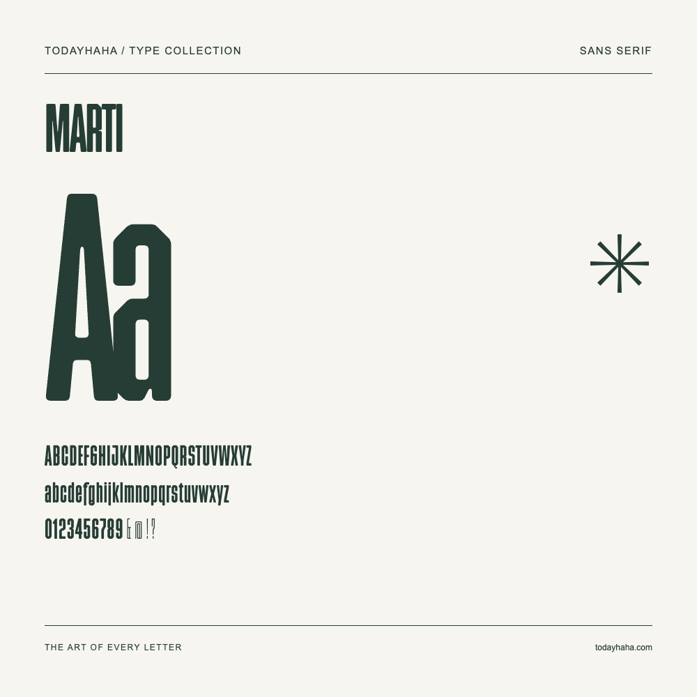 MARTI — Font specimen with uppercase and lowercase letters and numbers