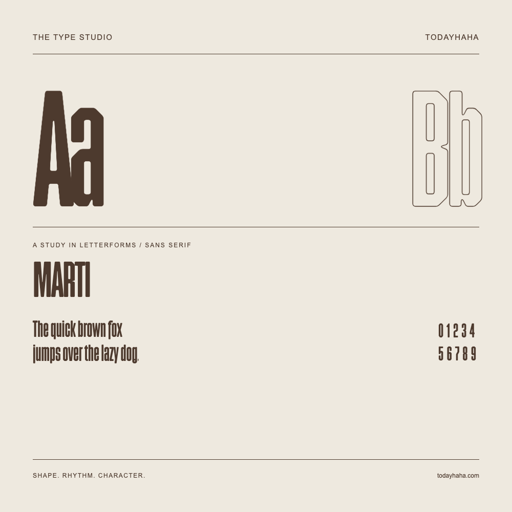 MARTI — Letterform study with sample sentence and numbers
