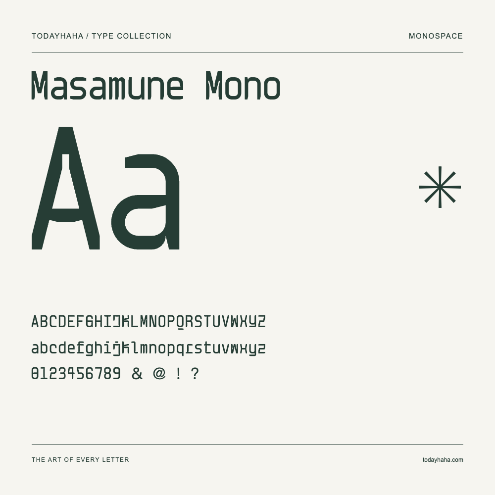 Masamune Mono — Schriftmuster mit Großbuchstaben, Kleinbuchstaben und Ziffern