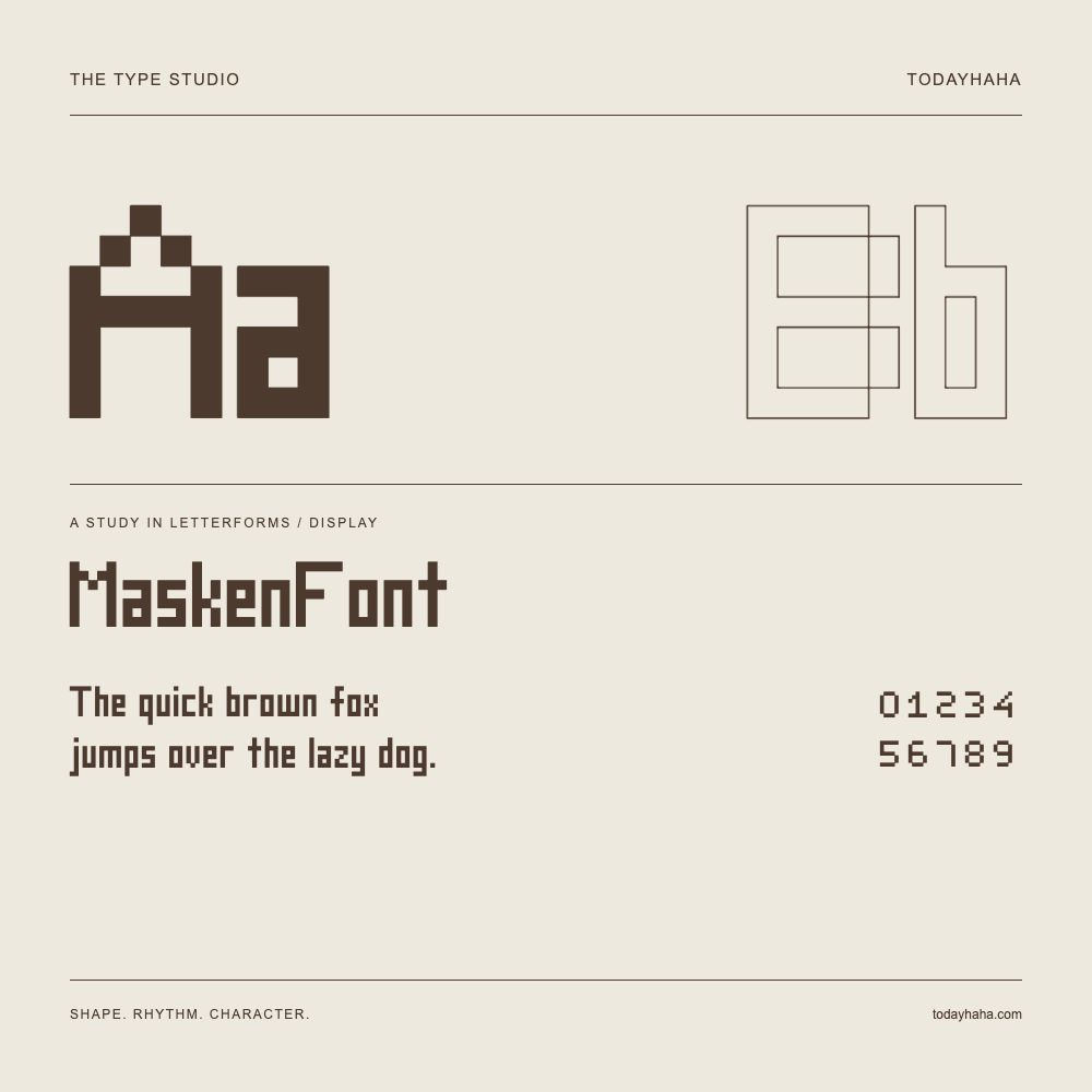 MaskenFont — Buchstabenstudie mit Beispielsatz und Ziffern