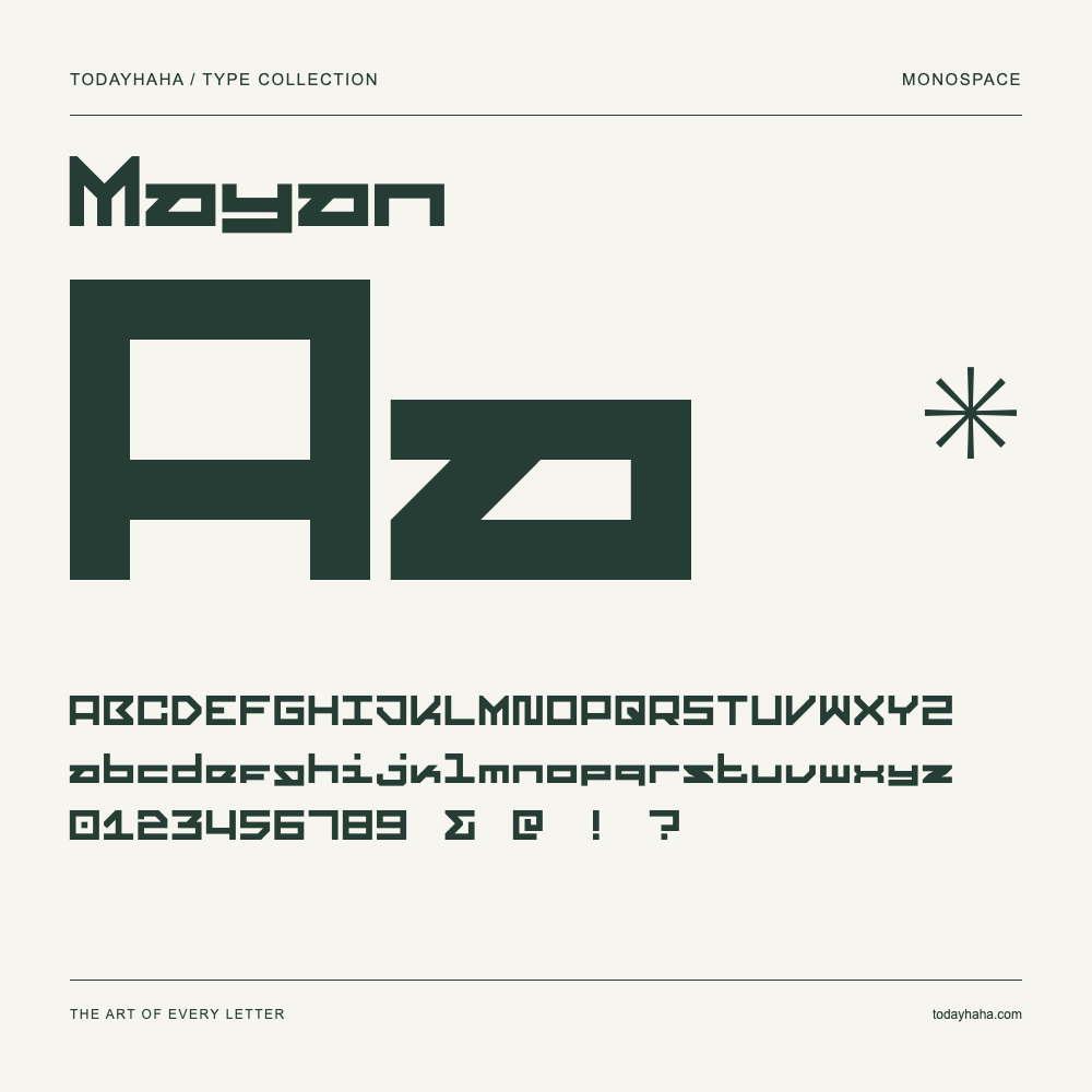 Mayan — Schriftmuster mit Großbuchstaben, Kleinbuchstaben und Ziffern