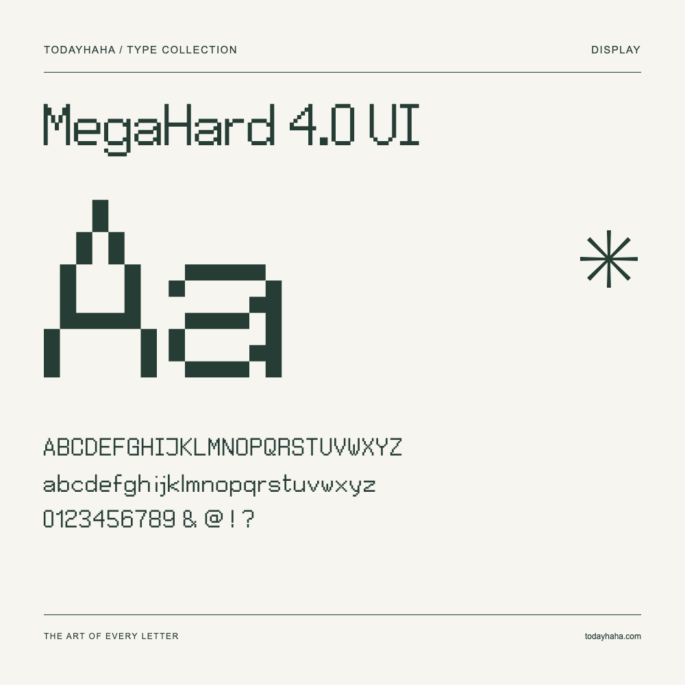 MegaHard 4.0 UI — Schriftmuster mit Großbuchstaben, Kleinbuchstaben und Ziffern