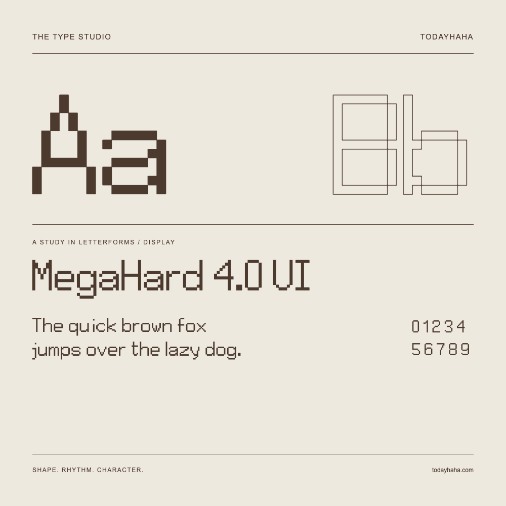 MegaHard 4.0 UI — Buchstabenstudie mit Beispielsatz und Ziffern