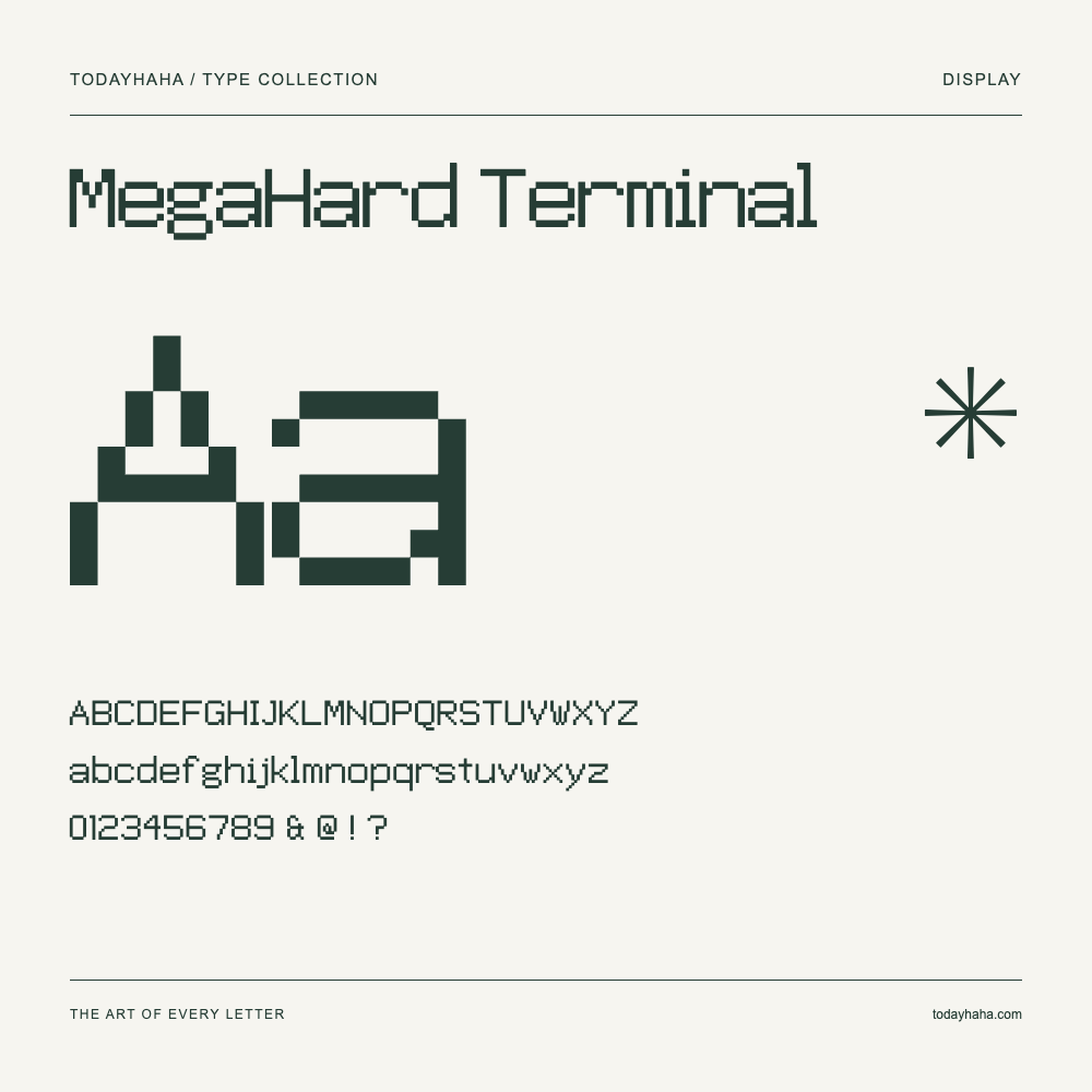 MegaHard Terminal — Schriftmuster mit Großbuchstaben, Kleinbuchstaben und Ziffern