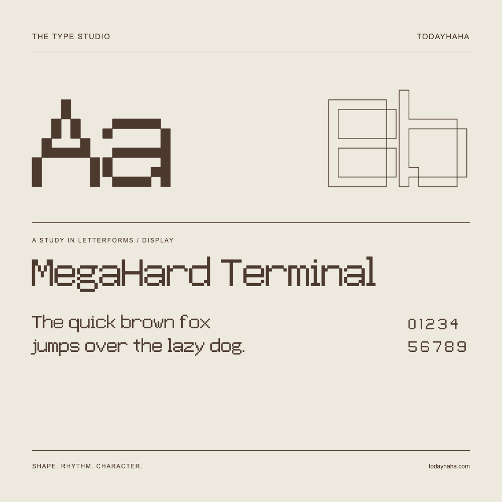 MegaHard Terminal — Buchstabenstudie mit Beispielsatz und Ziffern