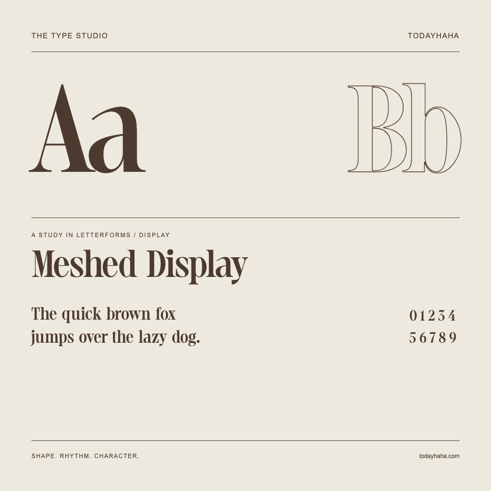 Meshed Display — Buchstabenstudie mit Beispielsatz und Ziffern