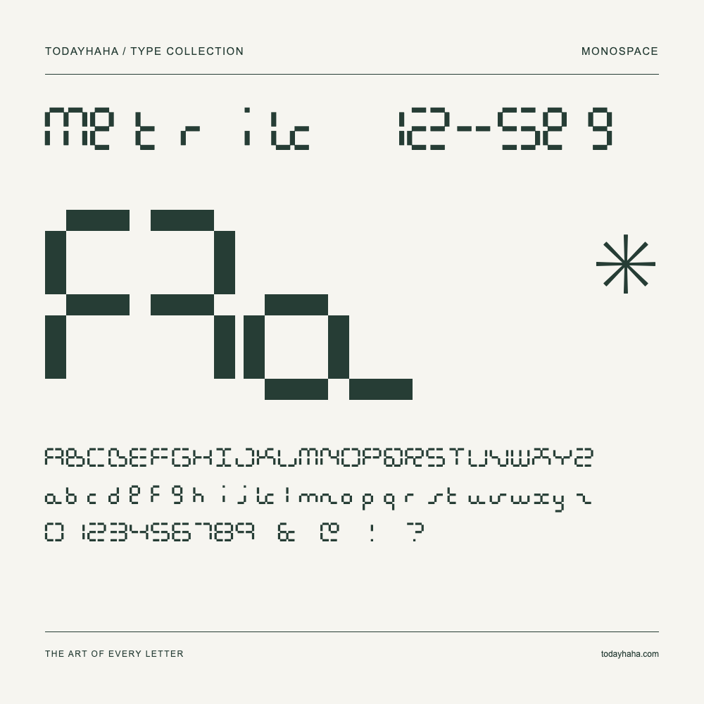 Metrik 12-Seg — Schriftmuster mit Großbuchstaben, Kleinbuchstaben und Ziffern