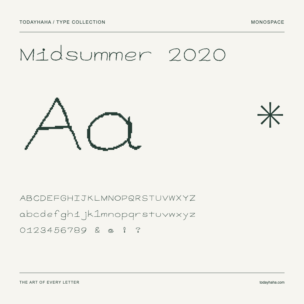 Midsummer 2020 — Amostra com letras maiúsculas, minúsculas e números